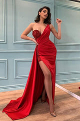 Sexy Red One Shoulder Slit Prom Dress Long With Sequins Beadings