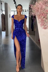 Sexy Royal Blue Sequins Cap Sleeve Prom Dress Split