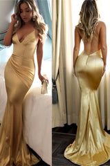 Sexy Spaghetti Straps Backless Mermaid Prom Dress Sequins V-Neck Chiffon Gold Long