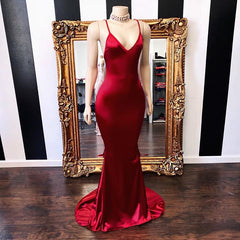 Sexy Spaghetti Straps V-Neck Mermaid Prom Dress Red Long Chiffon