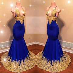 Sexy Spaghetti Straps V-Neck Mermaid Prom Dress Sequins Blue Long Chiffon