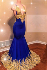 Sexy Spaghetti Straps V-Neck Mermaid Prom Dress Sequins Blue Long Chiffon