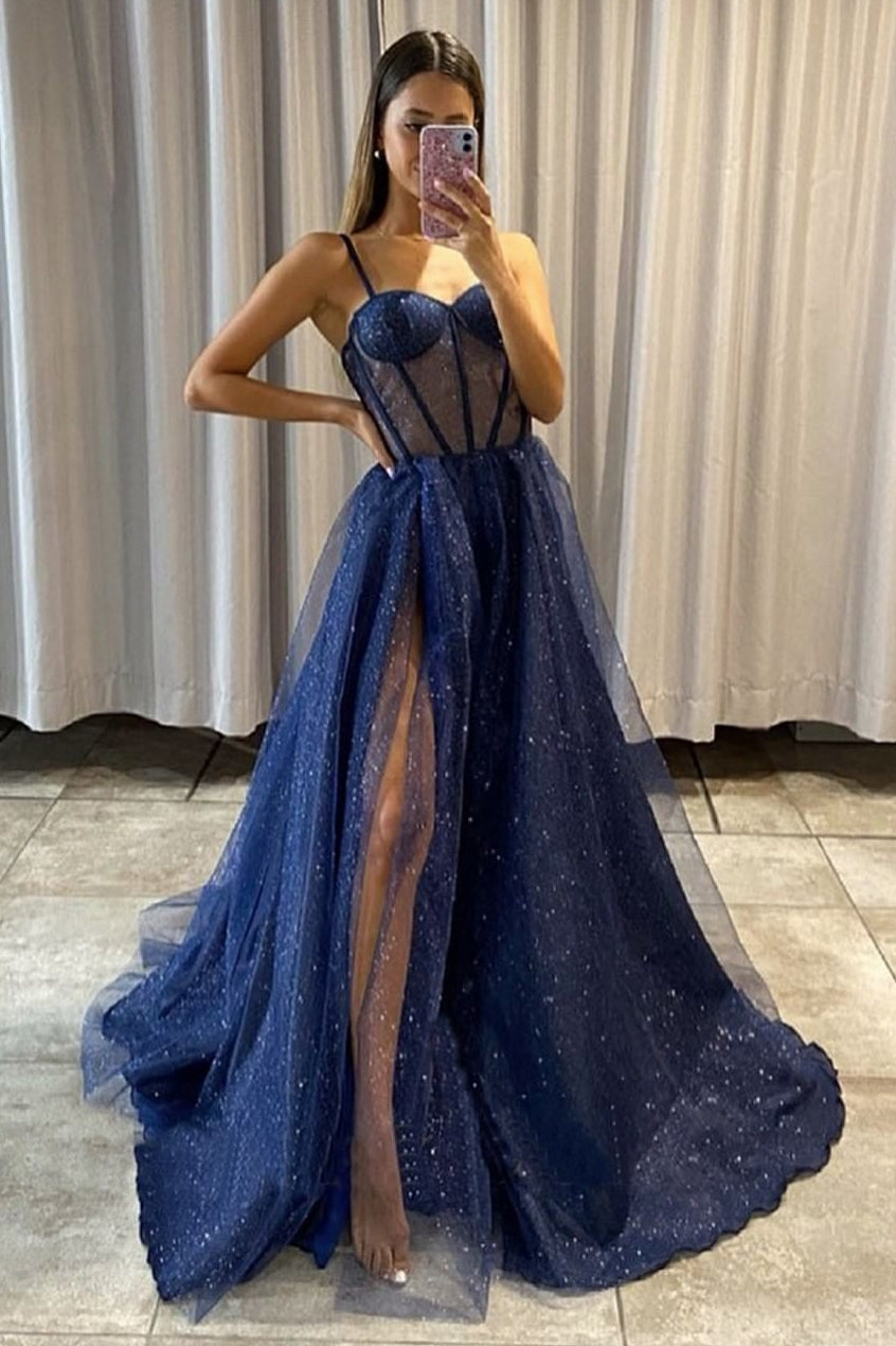 Sexy Sparkle Spaghetti strap Navy Blue A-line Princess Tulle Prom Dress