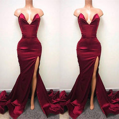 Sexy V-neck Chiffon Mermaid Prom Dress Long With Split Burgundy