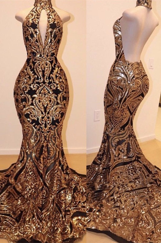 Sexy V-neck Halter Backless Mermaid Prom Dress Gold Sequins Long Backless