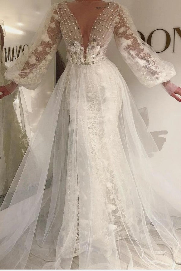 Sexy White Long Tulle Beaded Long Prom Dress With Long Sleeves