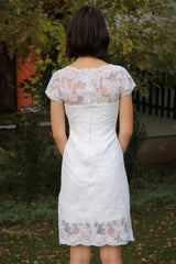 Sheath Round Collar Knee Length Short Sleeves Tulle Lace Wedding Dress