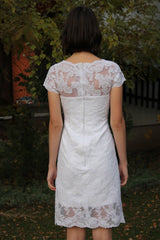Sheath Round Collar Knee Length Short Sleeves Tulle Lace Wedding Dress