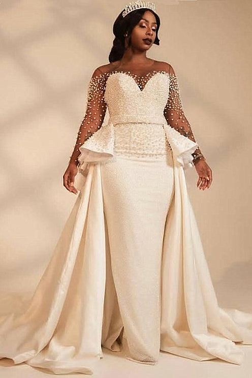 Sheath Sweetheart Floor Length Chiffon Wide Hem Beaded Wedding Dress