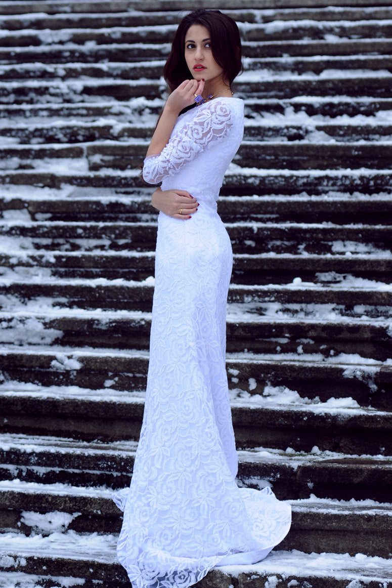 Sheath V-neck Floor Length Tulle Applique Lace Wedding Dress