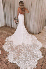 Sheath V-neck Spaghetti Strap Floor Length Backless Chiffon Applique Wedding Dress