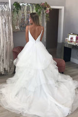 Sheath V-neck Spaghetti Strap Floor Length Backless Tulle Applique Wedding Dress