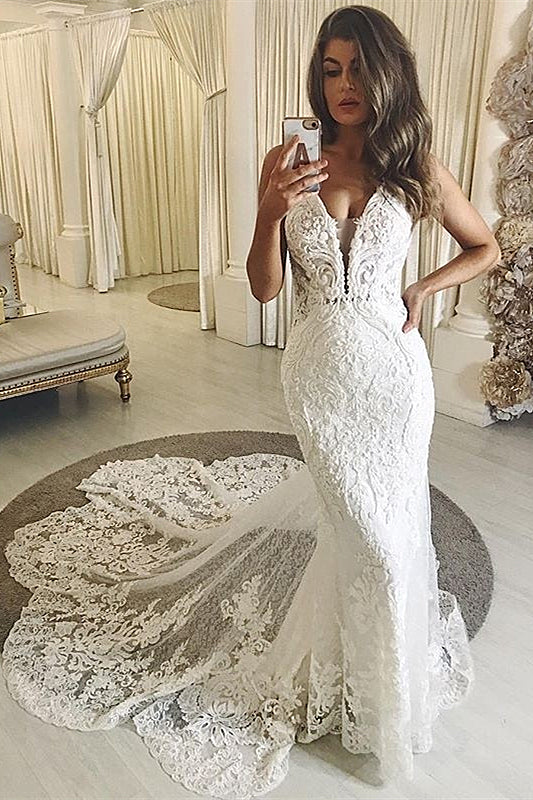 Sheath V-neck Spaghetti Strap Floor Length Tulle Applique Wedding Dress