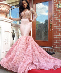 Sheer Tulle Beads Sequins Long Sleeves Prom Dresses Mermaid Flowers Luxurious Evening Gowns New Arrival