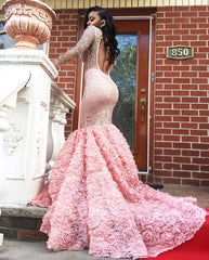 Sheer Tulle Beads Sequins Long Sleeves Prom Dresses Mermaid Flowers Luxurious Evening Gowns New Arrival