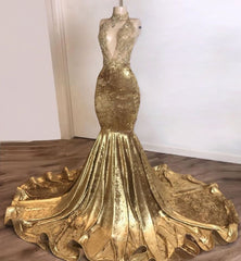 Shinning Champagne Gold Deep V-neck Court Train Mermaid Prom Dresses