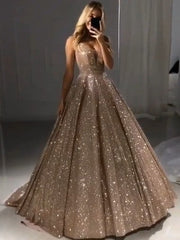 Shiny Gold Ball Gown Evening Dresses Chic V-Neck Sequin Prom Dresses