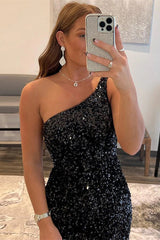 Short Mermaid One shoulder Sequined Sleeveless Backless Homecoming Dress