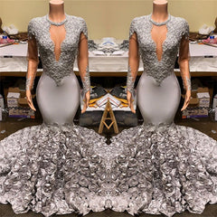 Silver Fit and Flare Floral Prom Dresses Wholesale Lace Appliques Real Shooting Prom Party Gowns