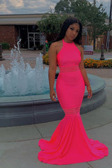 Simple Sleeveless Floor Length Pink Mermaid Prom Dresses