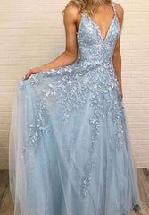 Sky Blue Lace Prom Dresses Deep V-neck A Line Long Party Elegant Floor Length Women Evening Gowns