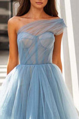 Sky Blue One Shoulder Tulle Prom Dress Tea-Length