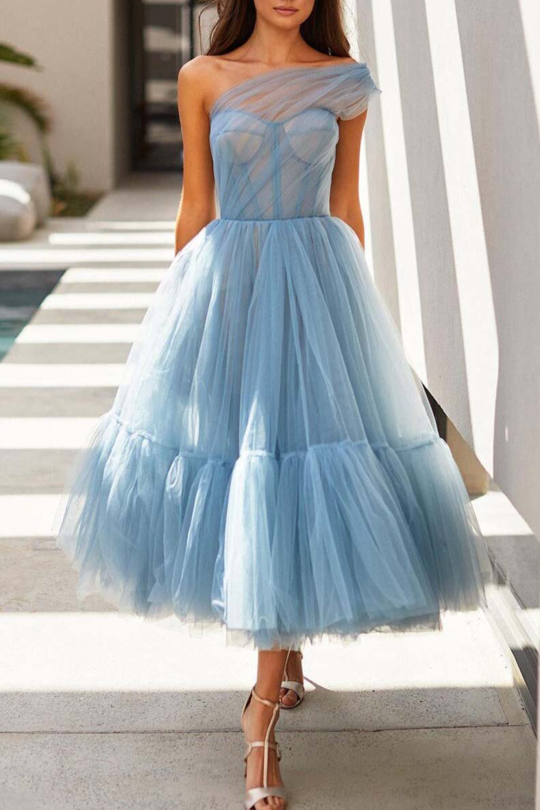Sky Blue One Shoulder Tulle Prom Dress Tea-Length