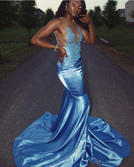 Sky Blue Silk-like Satin Mermaid Lace Appliques Prom Dresses