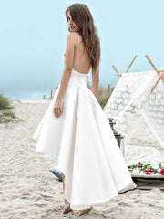 Sleeveless A Line Asymmetrical Satin Spaghetti Straps Ruched Wedding Dresses