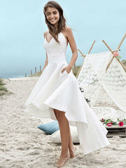 Sleeveless A Line Asymmetrical Satin Spaghetti Straps Ruched Wedding Dresses