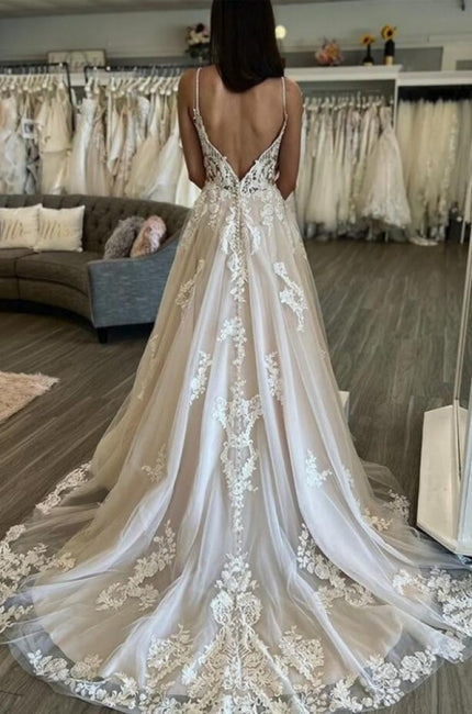 Sleeveless A-Line Floor Length Spaghetti Straps Wedding Dresses