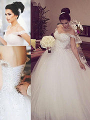 Sleeveless Ball Gown Lace Court Train Tulle Off the Shoulder Wedding Dresses