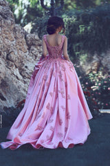 Sleeveless Candy Pink Evening Dresses On Sale Straps Appliques Chic Prom Dresses