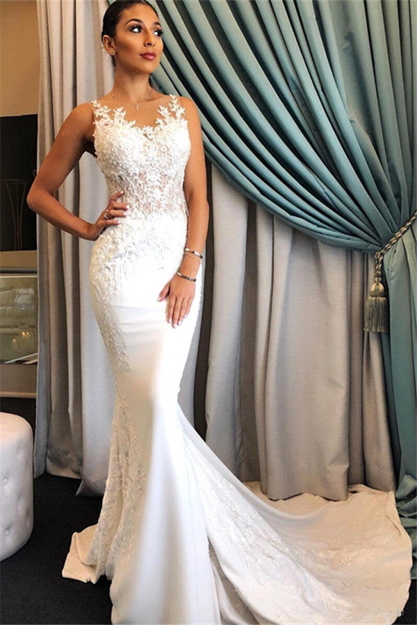 Sleeveless Mermaid Classic Bridal Gowns Appliques Lace Wedding Dresses Online