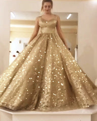 Sleeveless Straps Gold Sequin Ball Gown Long Sparkle Prom Party Gowns