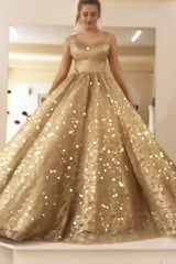 Sleeveless Straps Gold Sequin Ball Gown Long Sparkle Prom Party Gowns