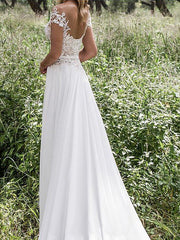 Sleeveless V neck Lace Chiffon A Line Floor Length Wedding Dresses