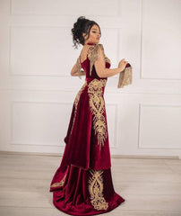 Sleeveless Velvet Burgundy Mermaid Prom Party GownsTassel Gold Appliques Evening Gown with Front Split