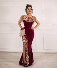 Sleeveless Velvet Burgundy Mermaid Prom Party GownsTassel Gold Appliques Evening Gown with Front Split