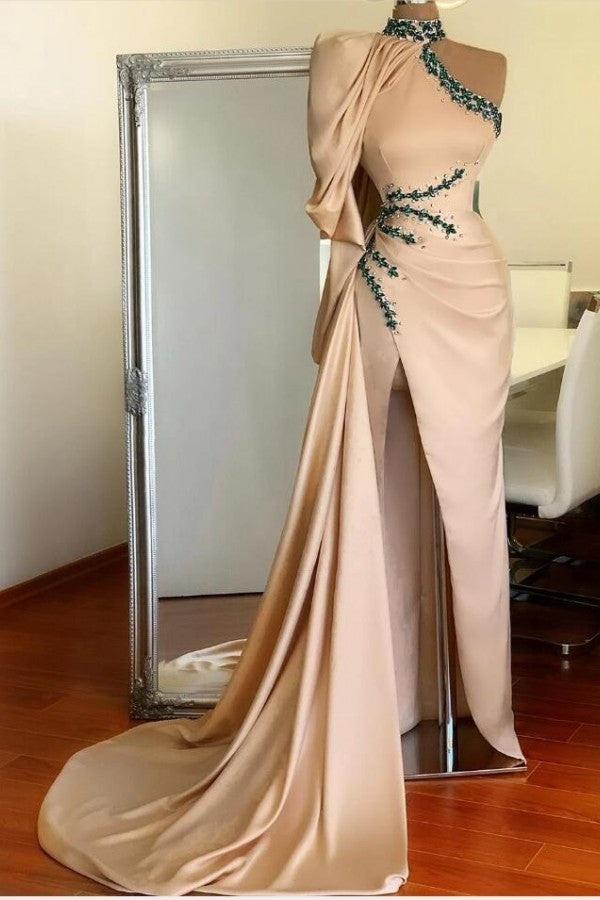 Slit Beading Satin Long Prom Dress One Shoulder With Long Sleeve On One Side