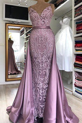 Spaghetti Strap Lilac Sleeveless Evening Dress with Overskirt Chic V-back Prom Party Gowns with gorgeous Lace appliques