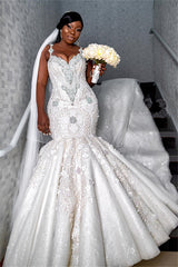 Spaghetti Strap Luxurious Sweetheart Wedding Dress Beading Appliques Mermaid Bridal Dresses
