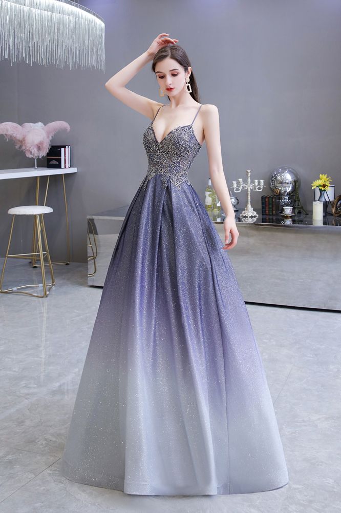 Spaghetti Strap Ombre Pruple Sparkle Prom Dresses