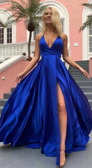 Spaghetti Strap Shiny Royal Blue Prom Party Gowns with High Split Chic V-neck Princess Evening dress On Sale