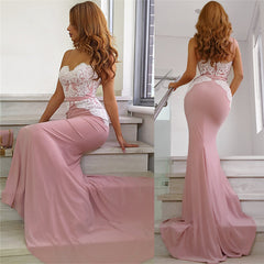 Spaghetti Straps Pink Evening Dresses Open Back Mermaid Lace Formal Dresses