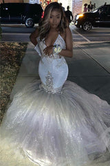 Spaghetti Straps Silver Sparkling Sequins Beads Appliques Mermaid Chic Prom Dress