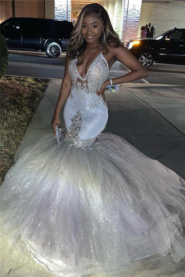 Spaghetti Straps Silver Sparkling Sequins Beads Appliques Mermaid Chic Prom Dress