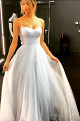 Spaghetti Straps Silvery Sexy Prom Dress Tulle Sequins Long