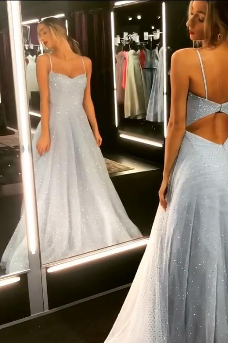 Spaghetti Straps Silvery Sexy Prom Dress Tulle Sequins Long