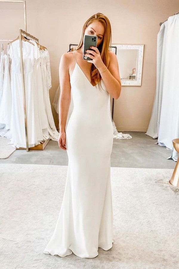 Spaghetti Straps V neck Sheath Wedding Dresses Modern Backless Bridal Gowns